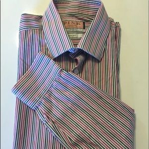 Thomas Pink Men Dress Shirt Slim Fit Pink Black Stripe 16 1/2 42 Cotton